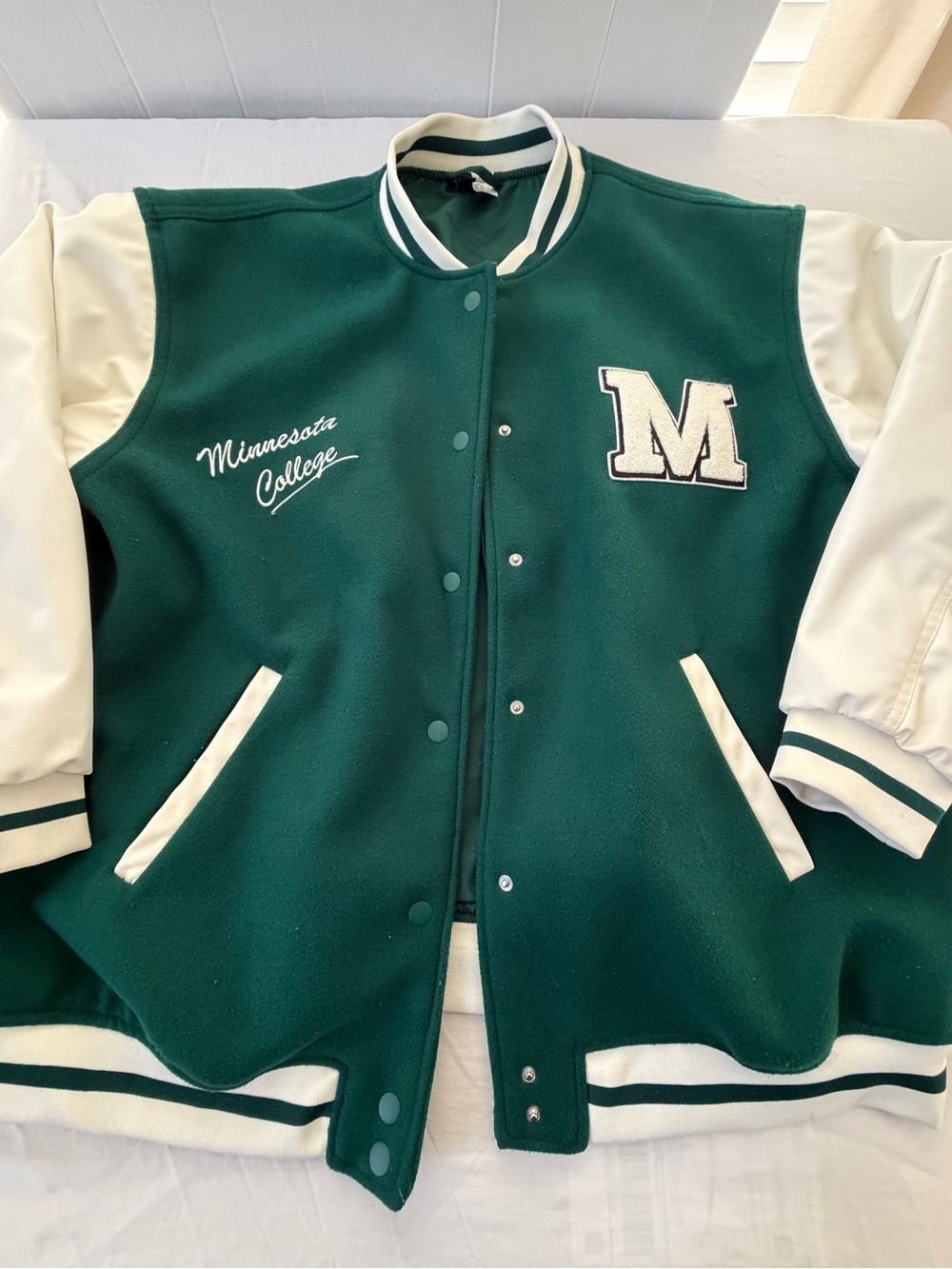 H&M Varsity Jacket Green/White Minnesota College Patch Snap Size L